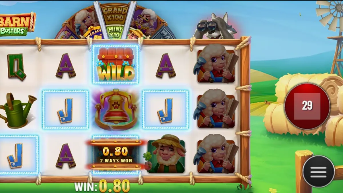 Pemandangan peternakan rustic dengan elemen serigala dan lumbung dalam slot Barn Busters